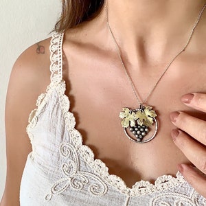 Grape Pendant Necklace, Fruit Jewelry, Silver-Brass Vintage Necklace, Handcrafted Nature-inspired Wearable Accessories Best Birthday Gift
