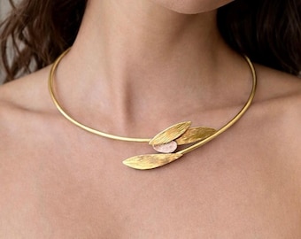 Olive Branch Choker: Handcrafted Brass-Silver Hellenistic Necklace, Adjustable Band, Gift for Nature Lovers