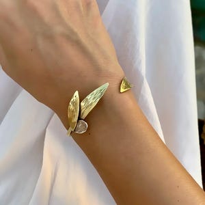 Olive Leaf Floral Silver & Brass Bangle Antique Hellenistic Style Unique Design Handcrafted Jewelry Adjustable Brass Cuff Best Gift For Her