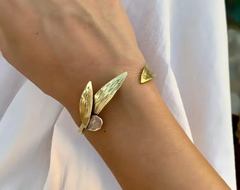 Olive Leaf Bangle: Aegean Antique Hellenistic Style Silver-Brass Adjustable Cuff Bracelet
