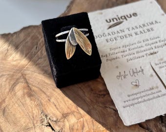 Olive Leaf Ring: Floral Sterling Silver-Brass Adjustable Ring, Hellenistic Style Handcrafted Aegean Antique Jewelry