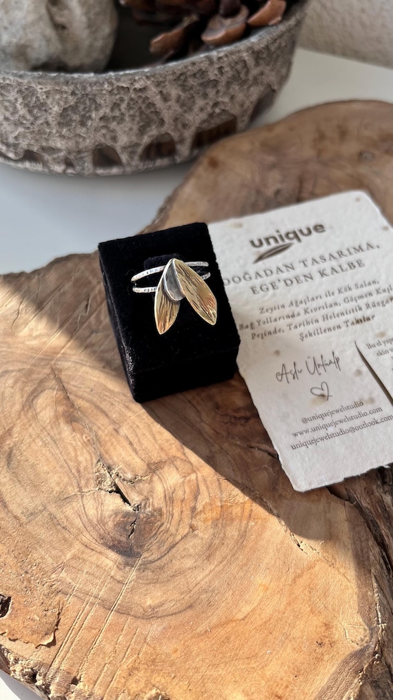 Olive Leaf Ring: Floral Sterling Silver-Brass Adjustable Ring, Hellenistic Style Handcrafted Aegean Antique Jewelry