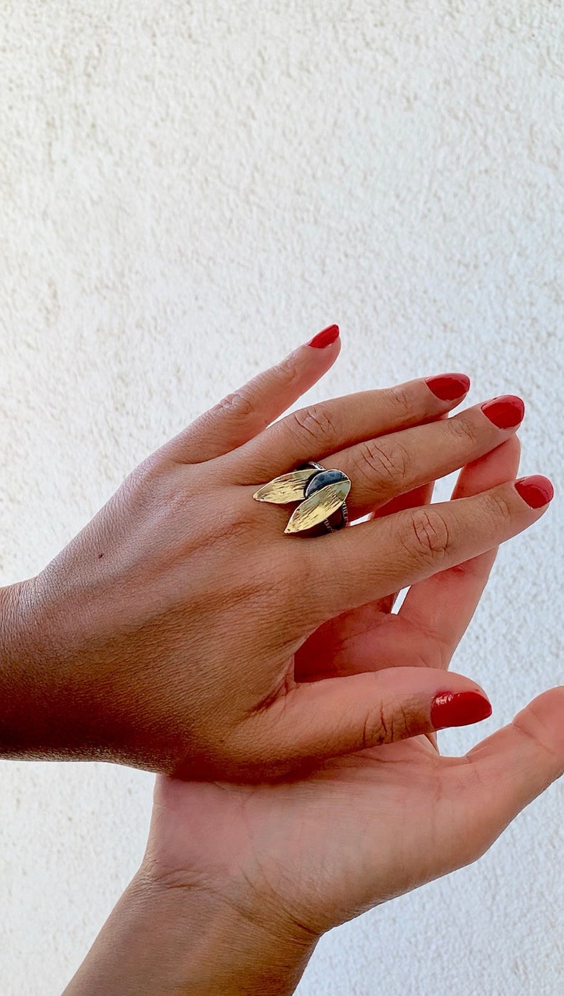Olive Leaf Ring: Floral Sterling Silver-Brass Adjustable Ring, Hellenistic Style Handcrafted Aegean Antique Jewelry image 7