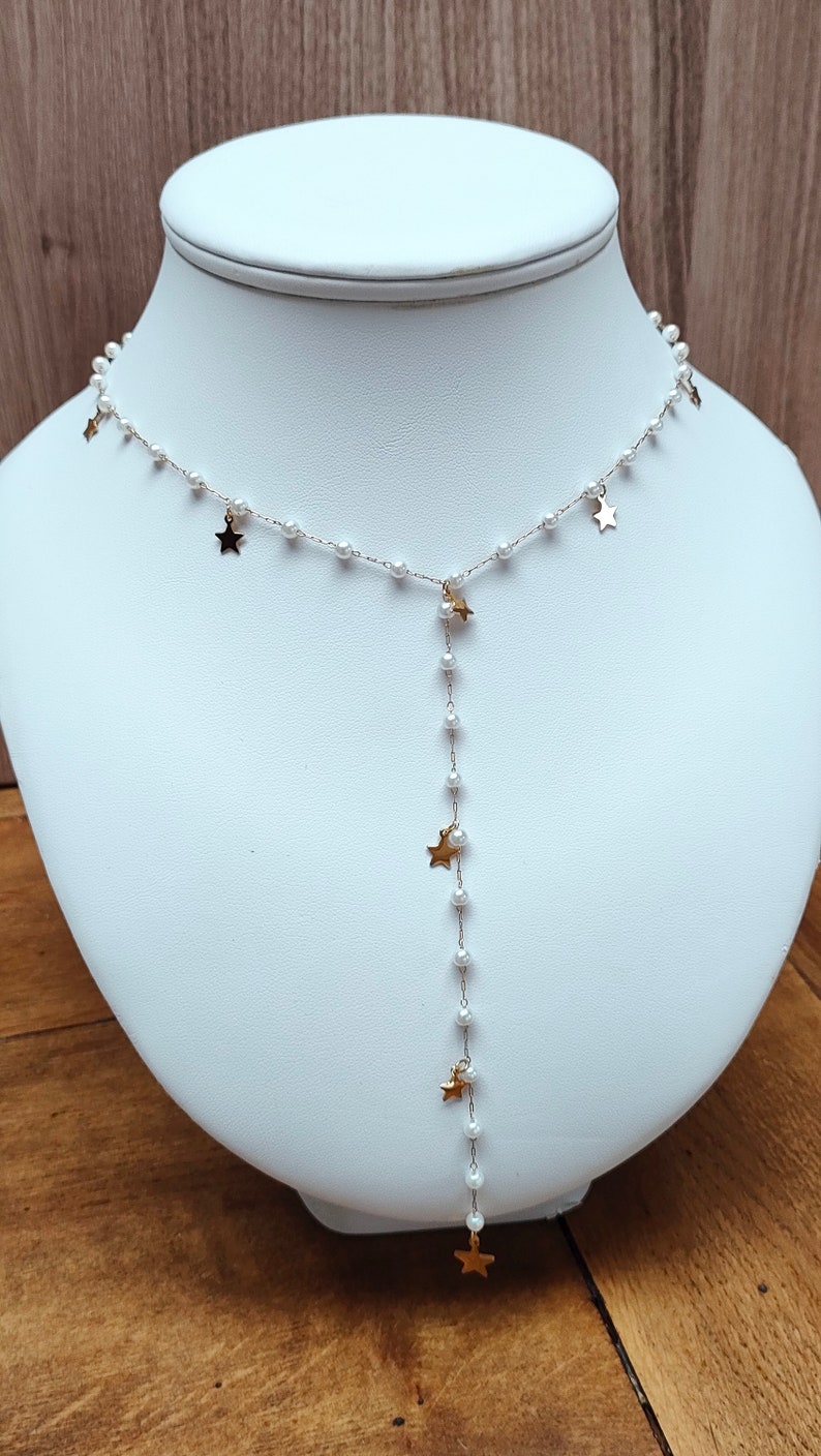 Collier CANDICE acier inoxydable Or perles blanches étoiles, sautoir,Idée cadeau Bijoux femmes Jewellery image 8