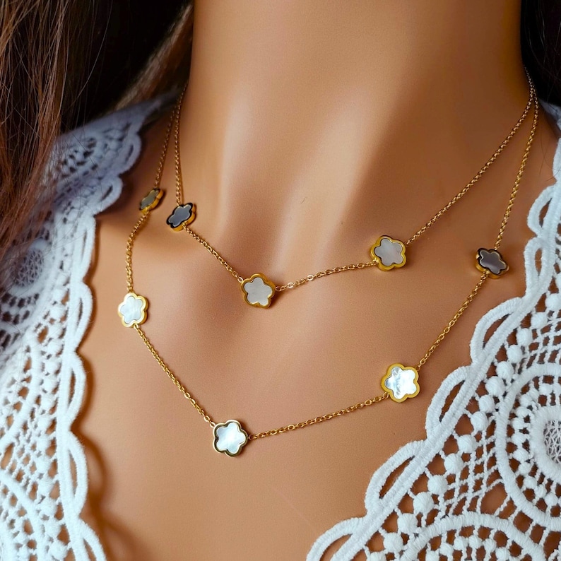 Pearly white clover AGATE necklace, double gold stainless steel chain Gold Gift idea Women's jewelry Women's necklace Jewelery image 2