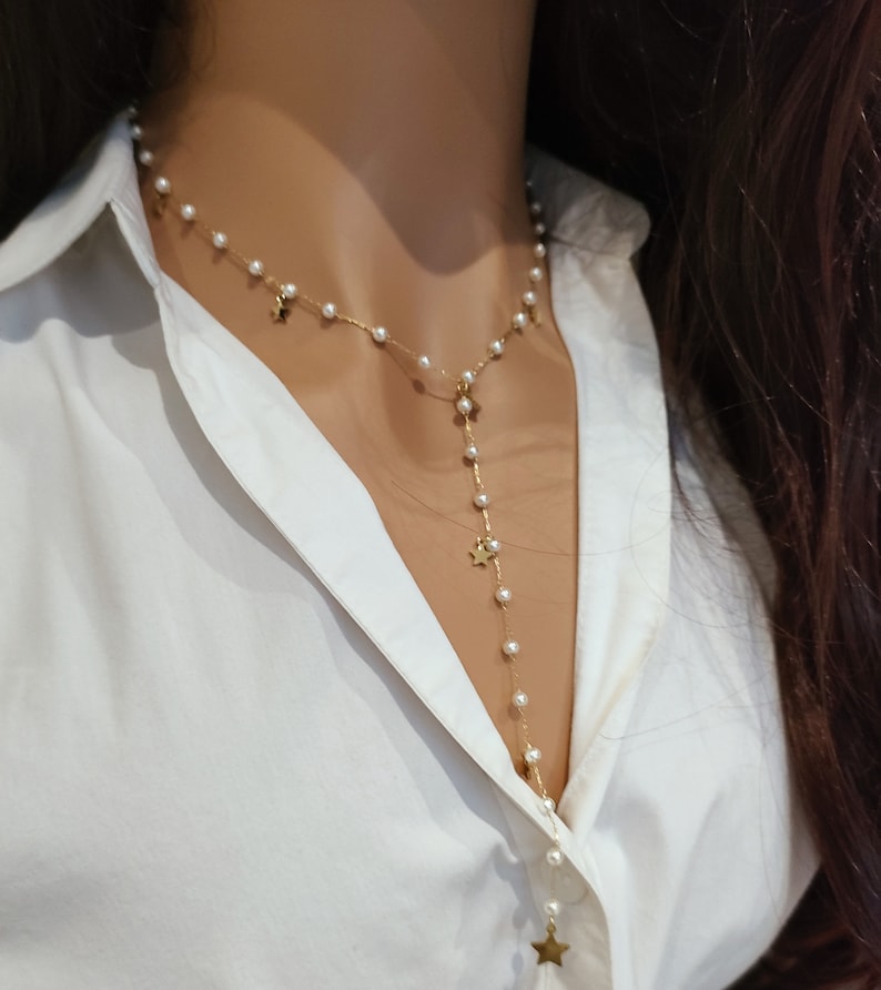 Collier CANDICE acier inoxydable Or perles blanches étoiles, sautoir,Idée cadeau Bijoux femmes Jewellery image 5