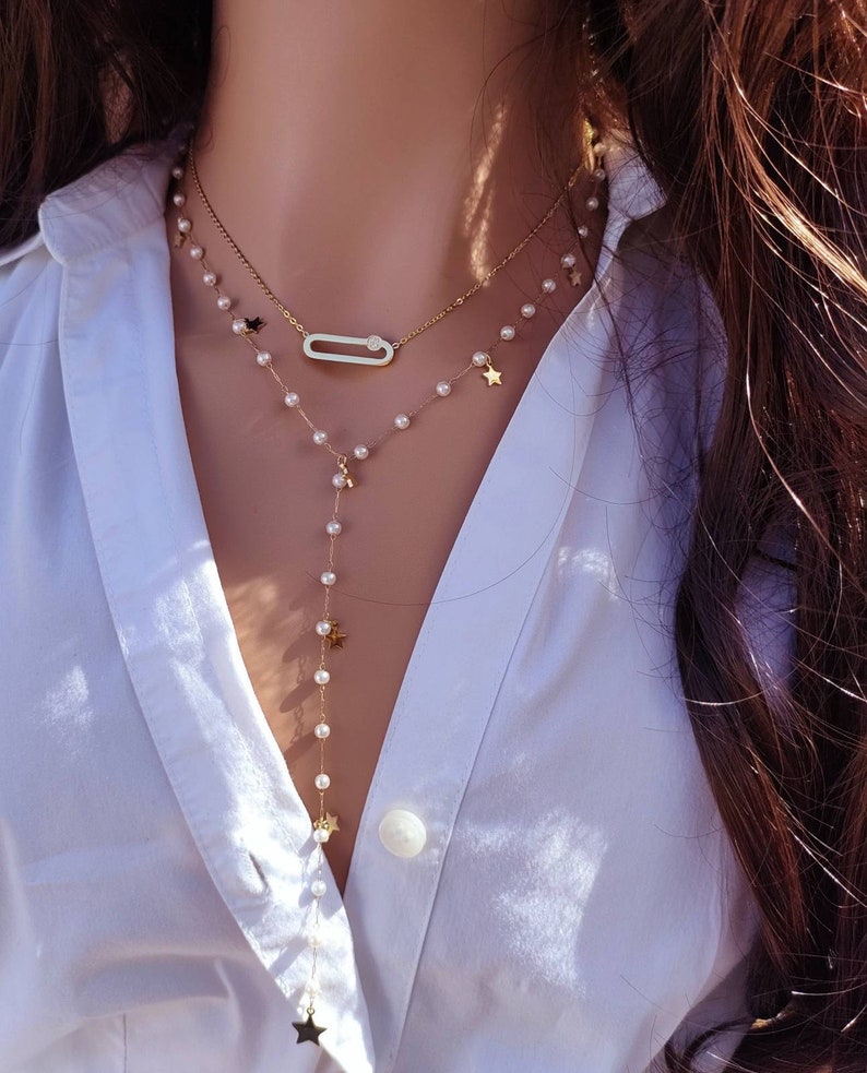 Collier CANDICE acier inoxydable Or perles blanches étoiles, sautoir,Idée cadeau Bijoux femmes Jewellery image 6