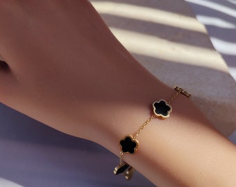 Bracelet trèfle noir DAISY acier inoxydable doré • Idée cadeau • Bijoux femmes • Cadeau anniversaire