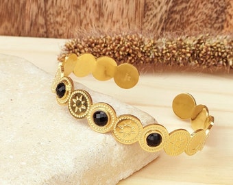 Bracelet LIS acier inoxydable ajustable multi rangs, pierres onyx noir • Idée cadeau de Noël • Bijoux femmes • Cadeau anniversaire