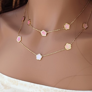 Pearly pink clover AGATE necklace, double gold stainless steel chain Gold • Gift idea • Women's jewelry • Women's necklace • Jewelery