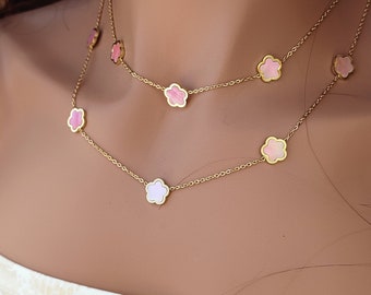 Collier AGATE trèfle rose nacré, double chaîne dorée acier inoxydable Or • Idée cadeau • Bijoux femmes • Collier femme • Jewellery