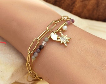 Bracelet ERKZ acier inoxydable double Chênes, mini perles, pendentif étoile • Idée cadeau • Bijoux femmes • Bracelet réglable • Jewellery