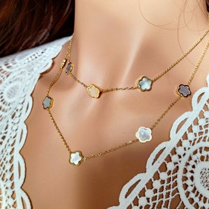 Pearly white clover AGATE necklace, double gold stainless steel chain Gold Gift idea Women's jewelry Women's necklace Jewelery image 5