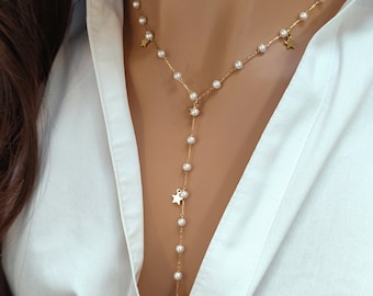 Collier  CANDICE acier inoxydable  Or • perles blanches • étoiles, sautoir,Idée cadeau• Bijoux femmes • Jewellery