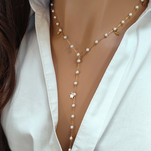 Collier  CANDICE acier inoxydable  Or • perles blanches • étoiles, sautoir,Idée cadeau• Bijoux femmes • Jewellery