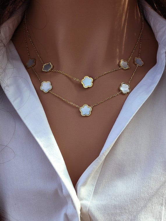 Pearly White Clover AGATE Necklace Double Gold Stainless Steel