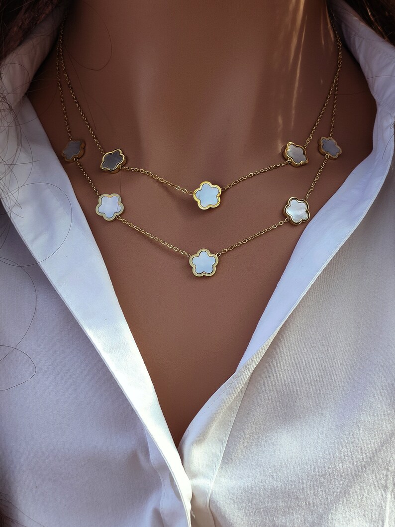 Chaîne Trèfle Noir Et Nacre Onyx - Bijou Inoxydable élégant - Collier Fantaisie