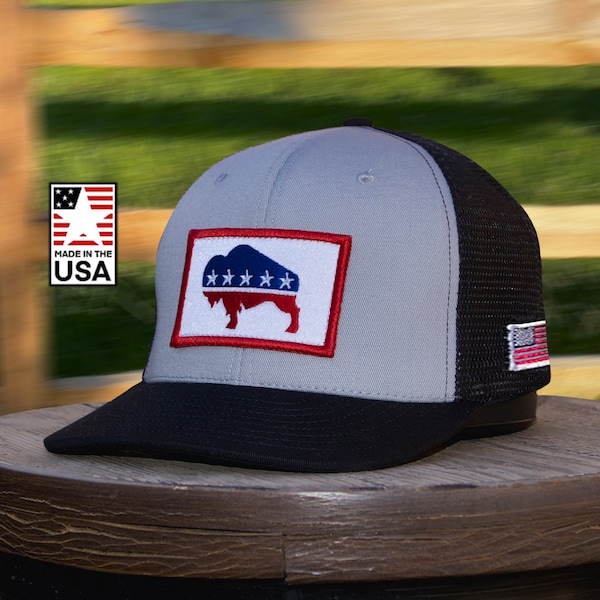 American Bison Patch Hat, Light Gray and Black Custom Baseball Cap, Made in the USA.