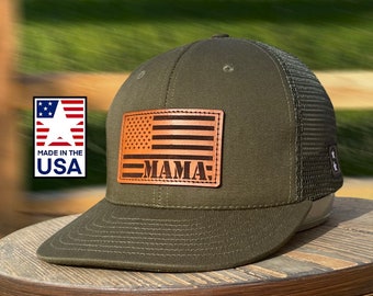 American Flag "MAMA" Trucker | Patriotic Mesh back Snapback | Leather Patch Cap | Gift for Her | Made in the USA