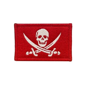 Calico Jack Rackham red jolly roger pirate flag. 2x3 inch morale badge velcro tactical hook and loop. Made in USA