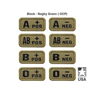 Black OCP Camouflage Blood Type 1” X 2” hook back embroidered patches, Morale Patch - Made in the USA
