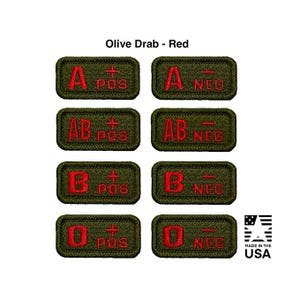 Olive Drab - Red Blood Type 1” X 2” hook back embroidered patches, Morale Patch - Made in the USA