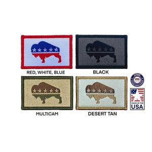 May include: Four embroidered patches featuring a bison silhouette with stars. The patches are in red, white, and blue, black, tan, and camouflage.