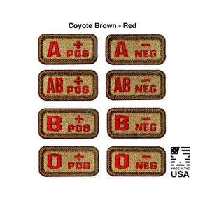 Coyote Brown Blood Type 1” X 2” hook back embroidered patches, Morale Patch - Made in the USA