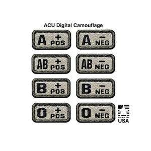 ACU Camouflage Blood Type 1” X 2” hook back embroidered patches, Morale Patch - Made in the USA