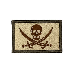 Calico Jack Rackham multicam jolly roger pirate flag. 2x3 inch morale badge velcro tactical hook and loop. Made in USA