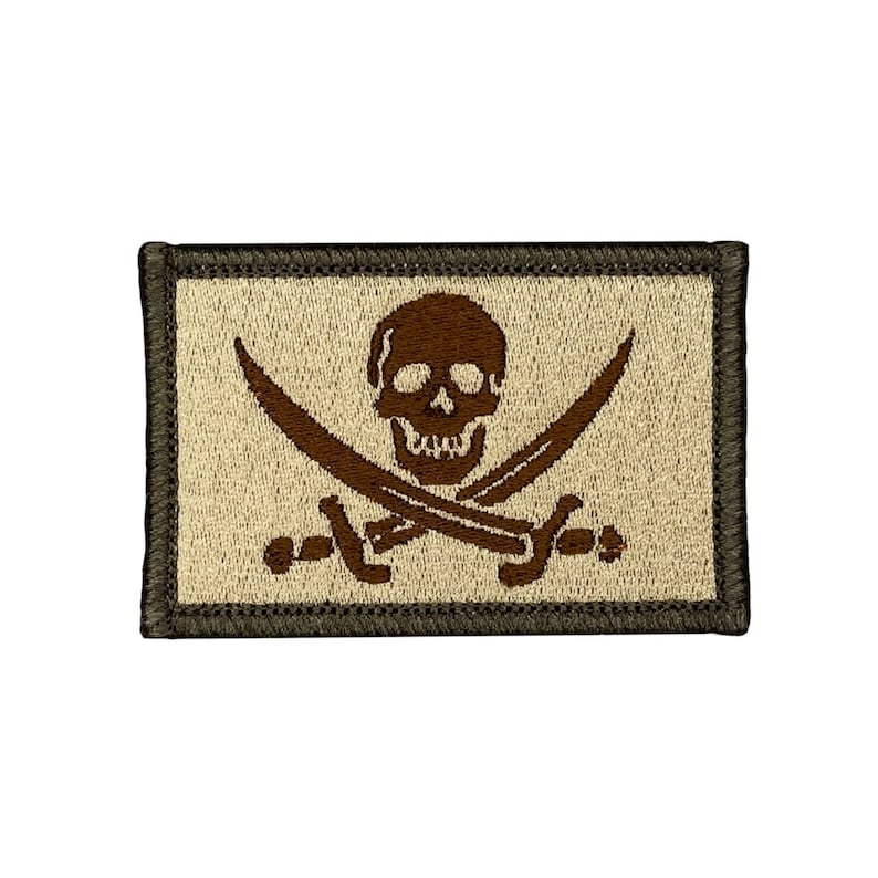 Calico Jack Rackham multicam jolly roger pirate flag. 2x3 inch morale badge velcro tactical hook and loop. Made in USA