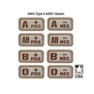 Desert AOR1 Camouflage Blood Type 1” X 2” hook back embroidered patches, Morale Patch - Made in the USA