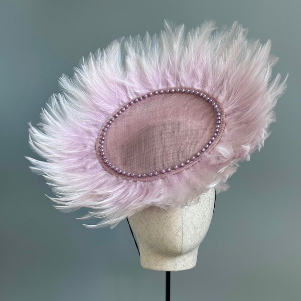Lilac feather statement piece Hatinator. Ascot Cheltenham hat races statement piece ladies day hair headband wedding disc fascinator.