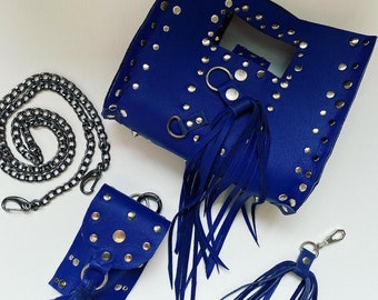 Mini bolso de cuero El bolso de mano Bolso de mano Deunicatario azul Mini-Bolso de metal Cadena Remaches Holnitens Accesorio Unisex