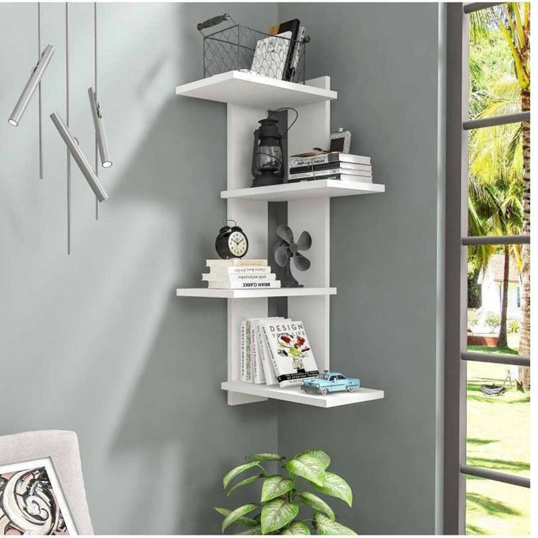 White Corner Wall Shelf Wall Shelf Bookcase Wooden Shelves Etsy