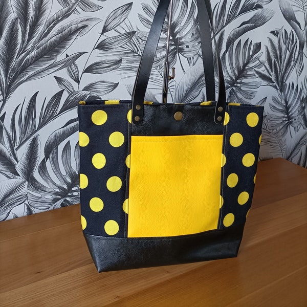 Elégant sac cabas noir et jaune à pois, tendance années 50