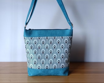 Sac bandoulière en suédine turquoise et tissu jacquard