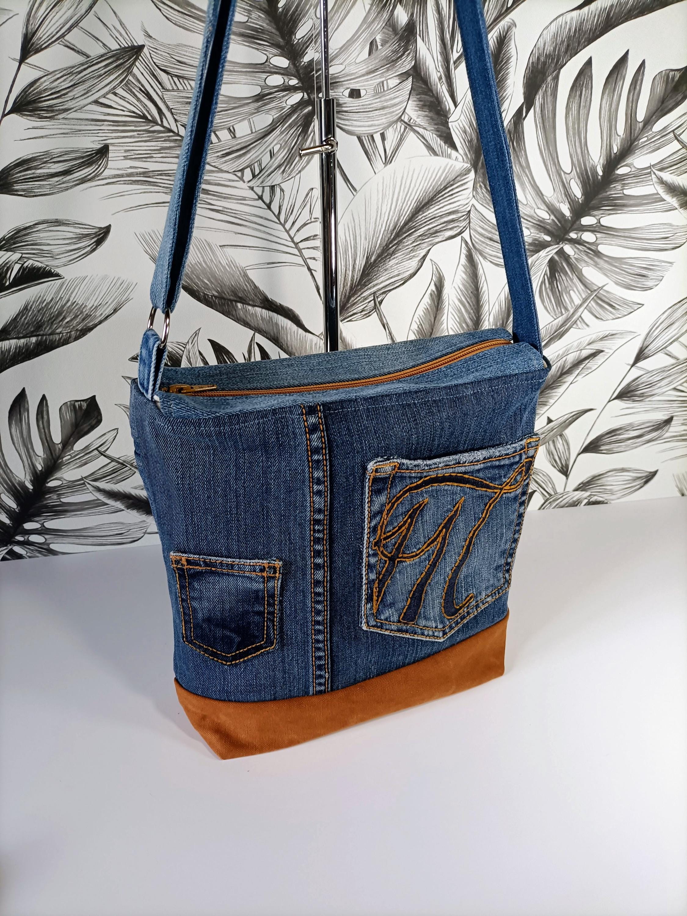 Sac Cabas En Jean Upcyclé Fait Main - Doublure Coton Imprimé Cœurs, Bleu, Neuf
