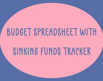 以下が含まれることがあります： 青い文字で「BUDGET SPREADSHEET WITH SINKING FUNDS TRACKER」と書かれたピンク色の円形