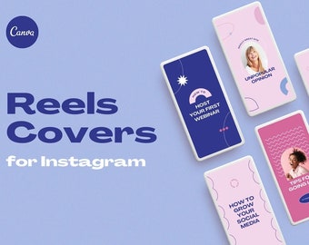 Może przedstawiać: Pięć różnych okładek rolek Instagram z różowym i niebieskim tłem. Okładki zawierają tekst, taki jak "Jak zorganizować swoje pierwsze webinarium", "Jak rozwijać swoje media społecznościowe", "Niepopularna opinia", "Wskazówki dotyczące przechodzenia na żywo" i "Zwiększ sprzedaż w mediach społecznościowych".