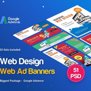 May include: A set of 51 web design ad banners for Google Adsense. The banners are in a variety of colors and feature the text "Responsive Web Design".
