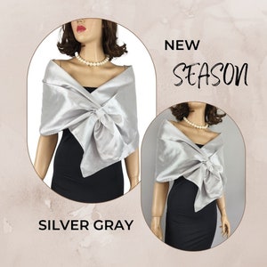 silver gray satin wrap shawl, grey gray satin cover up shawl, silver evening wrap, formal event shawl, bridal cover up, bridesmaid gift image 2