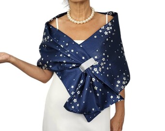 Dark blue satin taffeta wrap shawl with silver stars, dark blue cover up shawl with stars, blue evening wrap, formal event shawl