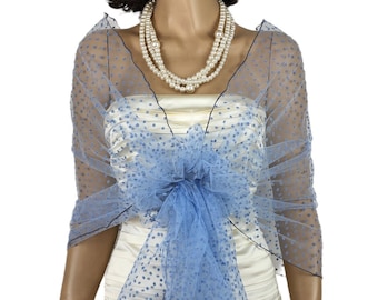 Oversized Blue Tulle Shawl: Dotted Wrap Shrug, Hands-Free Design (200cm x 70cm)