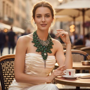 May include: A woman wearing a cream-colored strapless dress and a statement necklace with green and silver accents. The necklace features a leaf-like design. She is seated at a cafe table with a cup of coffee.