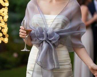 Gray Organza Sheer Shawl - Grey Occasion wrap with Scrunchie