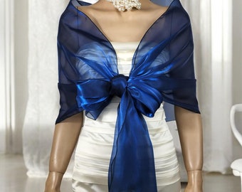 Royal Blue Organza Evening Shawl: Formal Shoulder Wrap with Ring