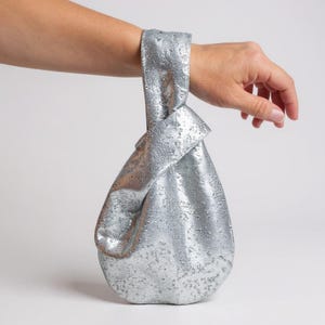 Silver Satin Japanese Knot Bag: Wristlet Purse, Light Gray Handbag, Evening Clutch