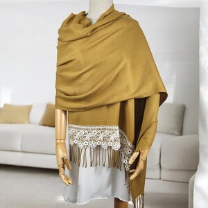Mustard Pashmina Shawl: Olive Green Lace Bridal Wrap