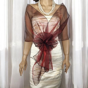 Burgundy Red Wine Organza Shawl, Burgundy shawl, hands free shoulder shrug, Evening Dress Topper, Mother of the Bride